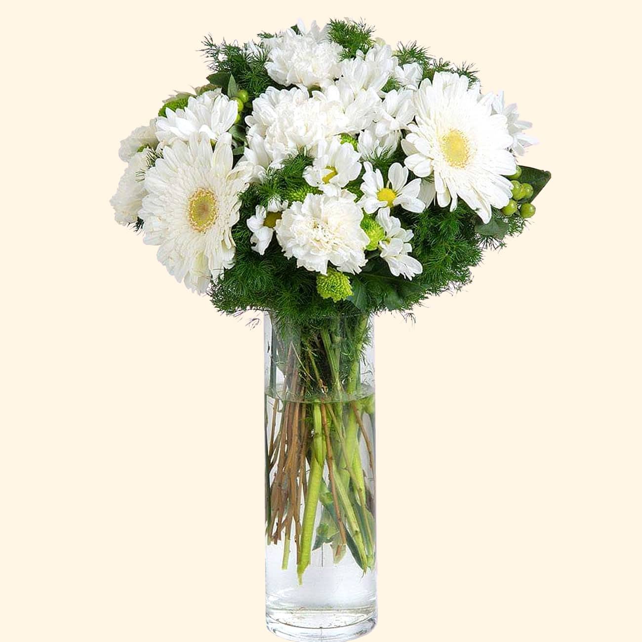 Flower delivery in Rome-Bouquet bianco di Gerbere, Garofani e margherite